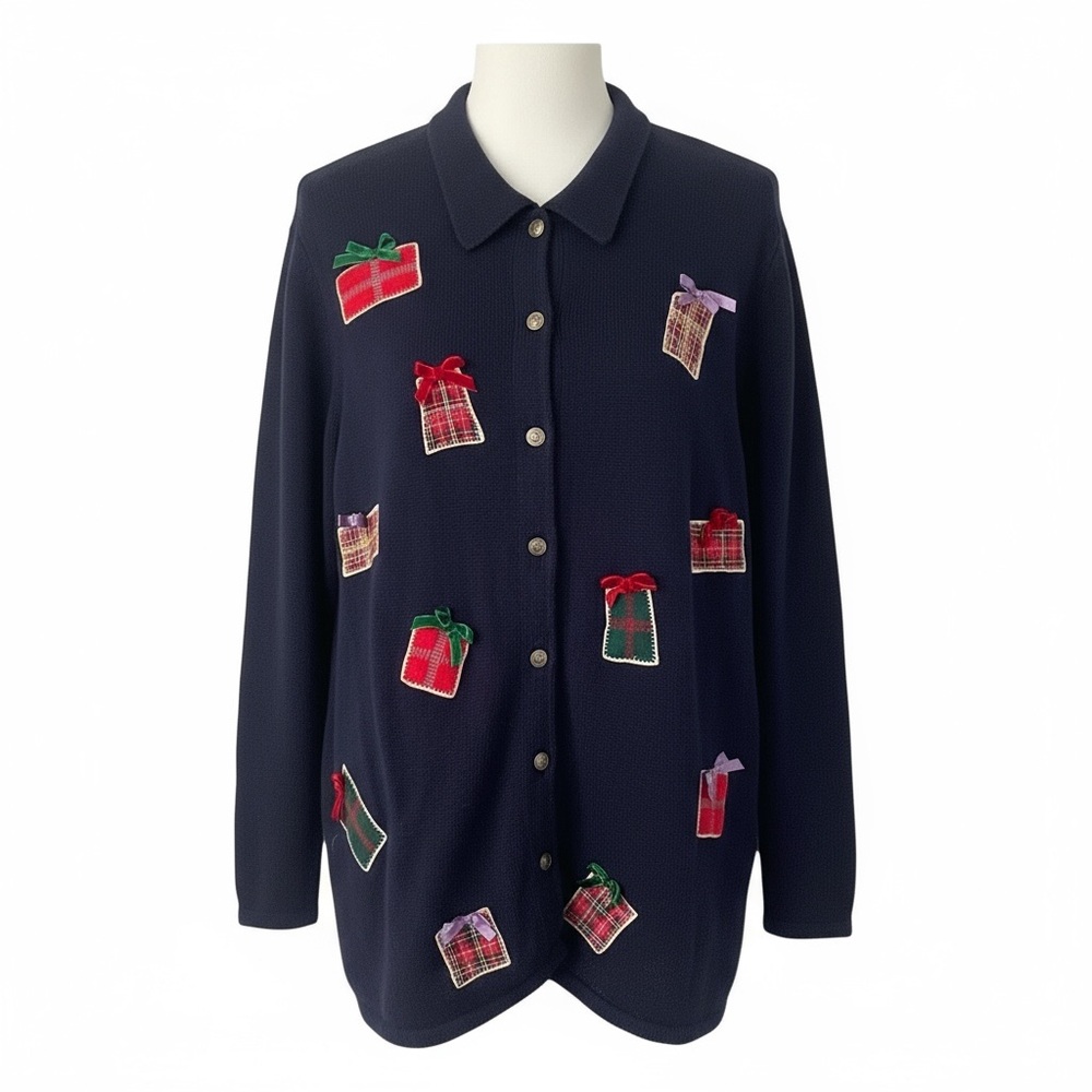 Liz And Me Navy Christmas‎ Sweater Button Up Size 2X  Presents Ugly novelty